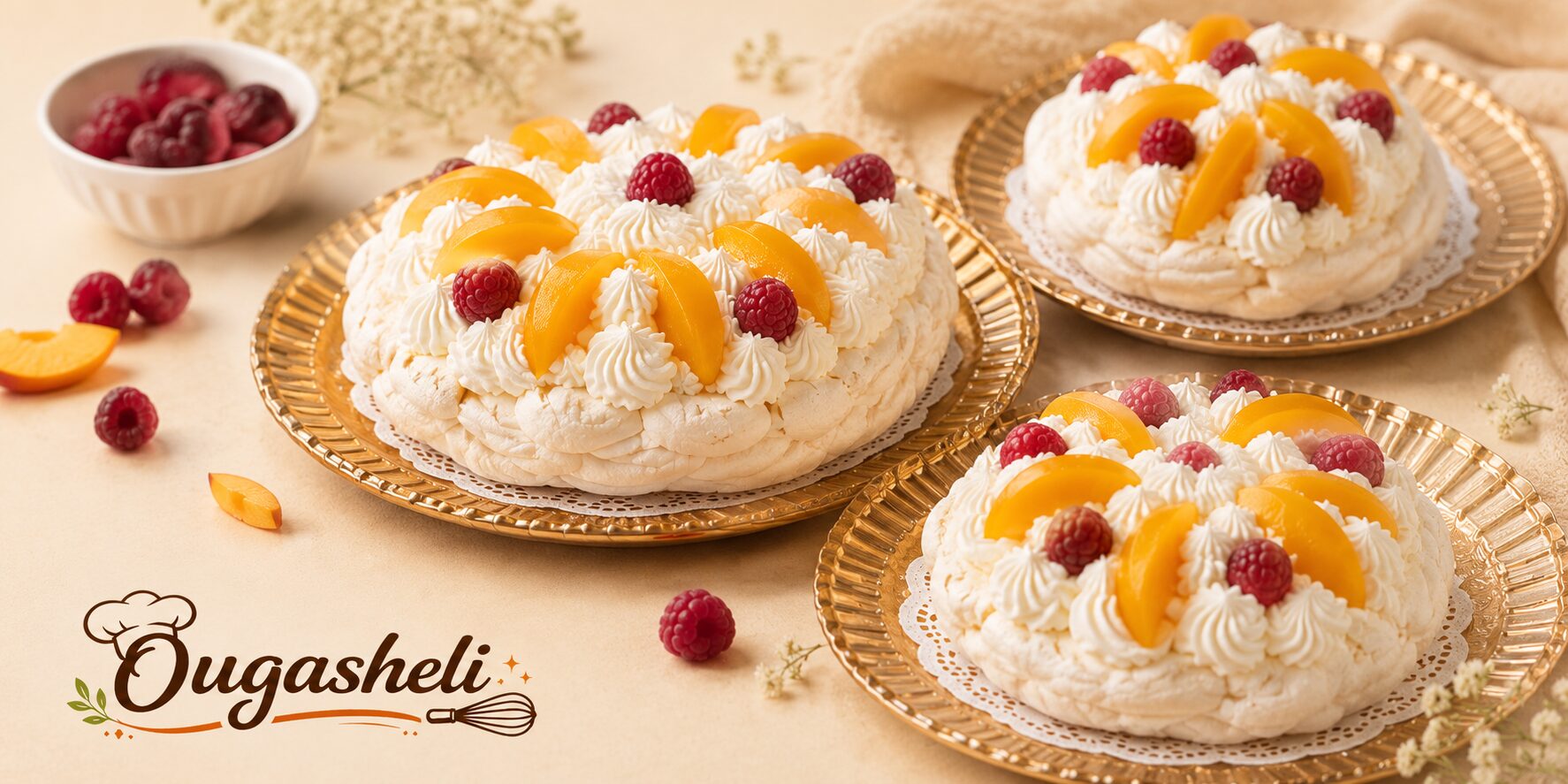 Pavlova aux pêches et aux framboises